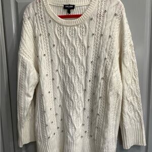 EXPRESS Luxe Ivory Rhinestone Embellished Cable Knit Pullover Sweater Sz L